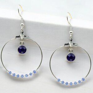 Silver Circle Hoop Blue Earrings Handmade